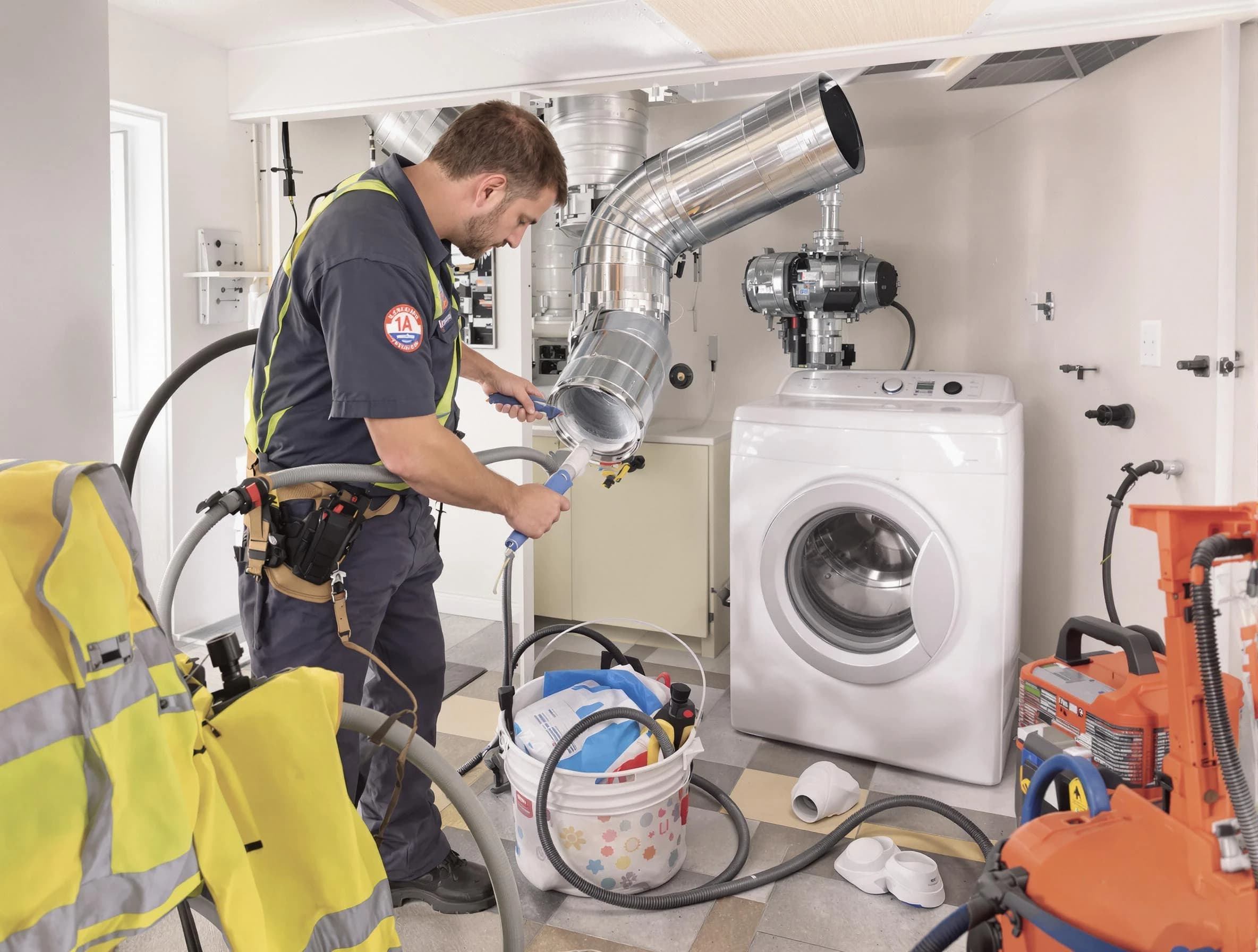 Santa Ana Dryer Vent Cleaning technician using specialized equipment to clear severe dryer vent blockage in Santa Ana